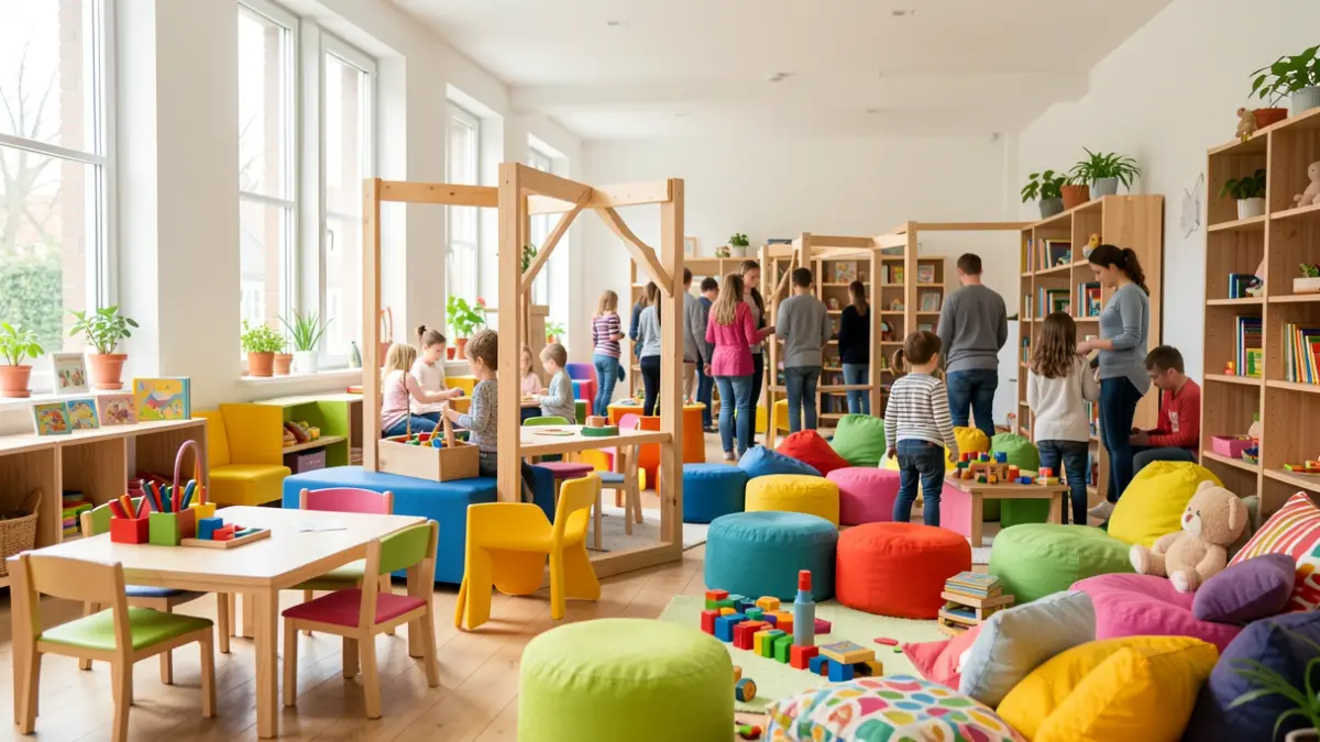 Intérieur d'un espace d'accueil pour la petite enfance avec mobilier coloré et structures en bois.