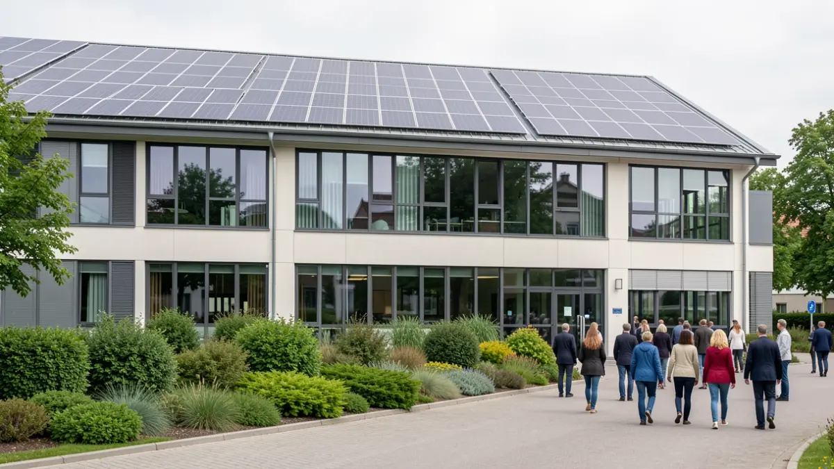Bâtiment administratif moderne avec panneaux solaires et espaces verts, symbolisant l'efficacité énergétique.