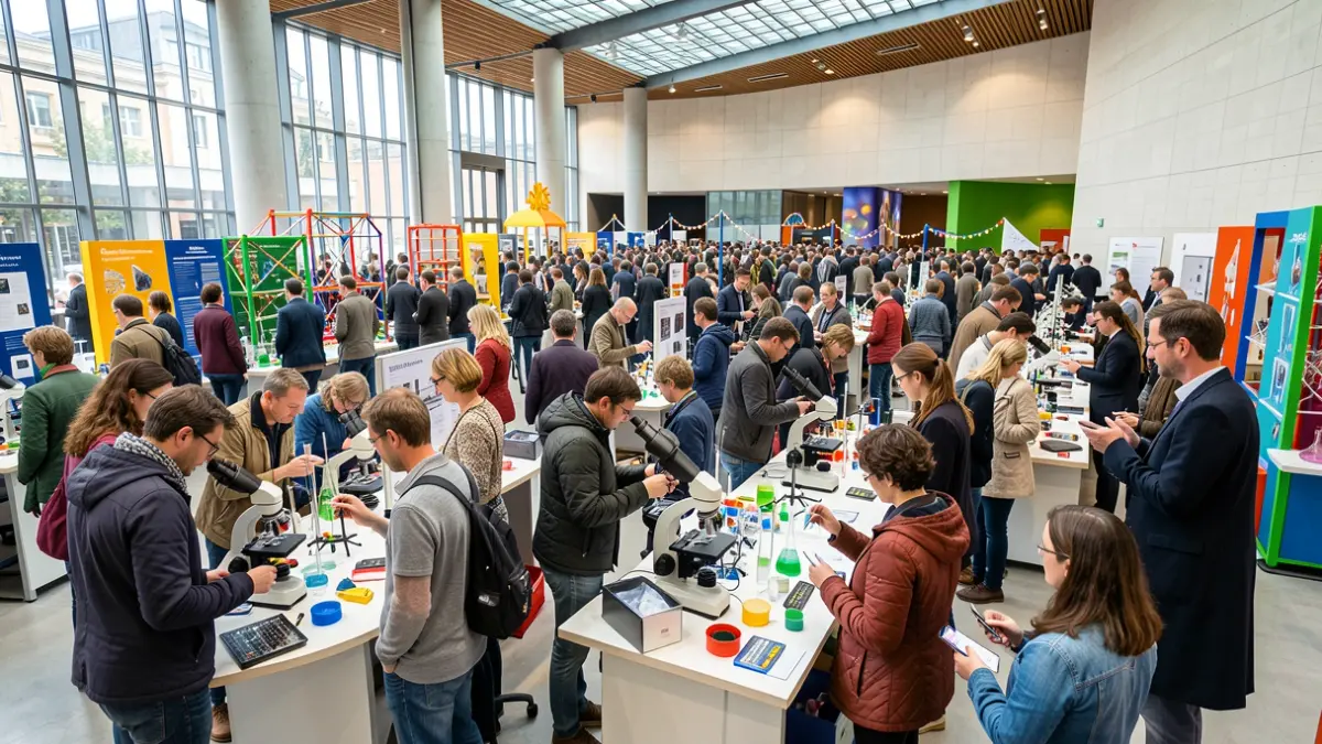 Diverse crowd participating in the Fête de la Science at Université Paris Cité, with scientific experiments and workshops.