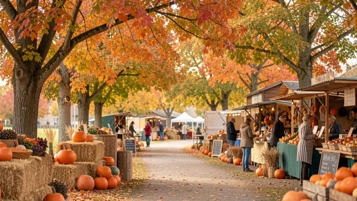 Autumnal scene at the Ferme de Maisons-Alfort for the Autumn Festival, featuring festive decorations and activities.