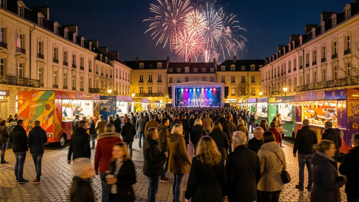 Generic image of an outdoor popular festival with food trucks and fireworks.