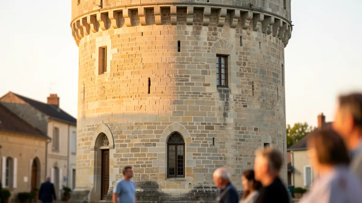 Façade en pierre de la Tour de Guinette à Étampes, illuminée par le soleil de fin d'après-midi lors des Journées Européennes du Patrimoine.