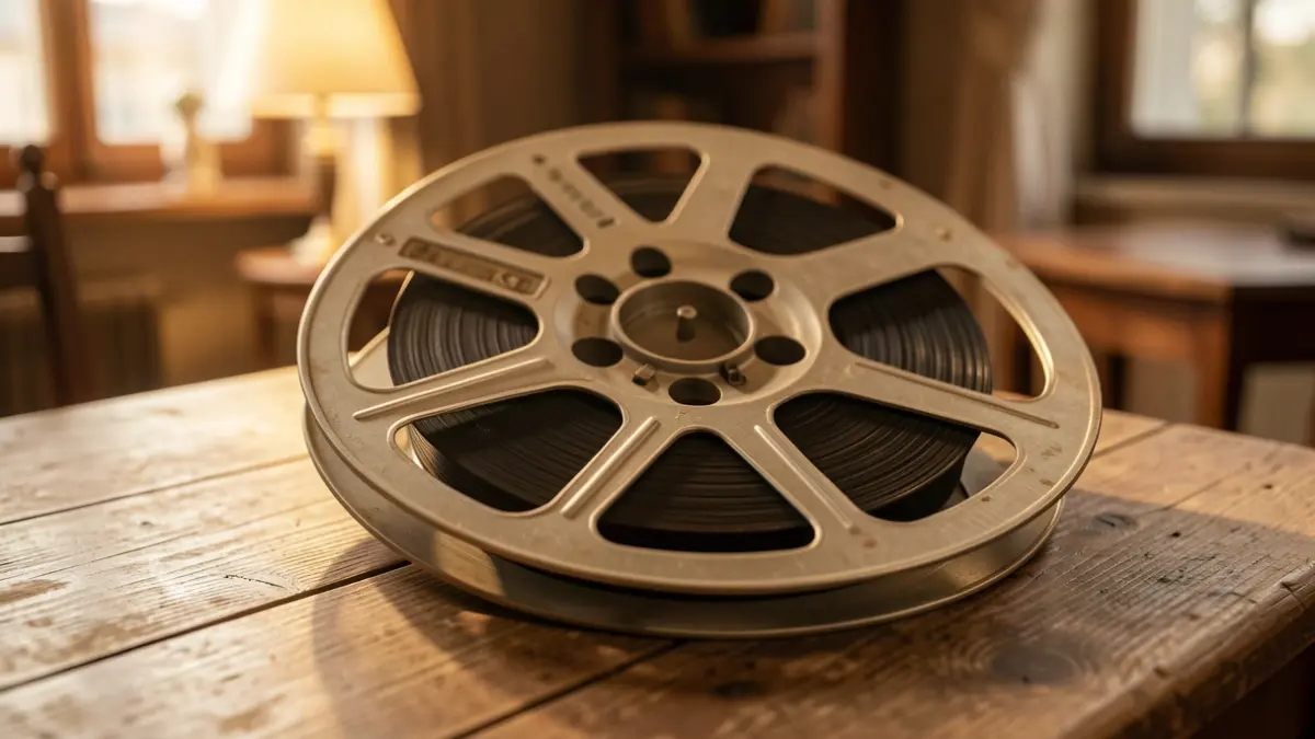 Vintage film reel on a wooden table, soft ambiance.
