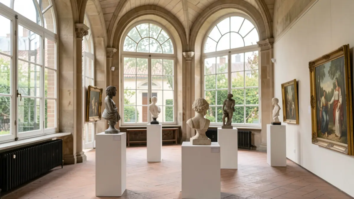 Interior of an art exhibition in a historic orangery with various artworks.