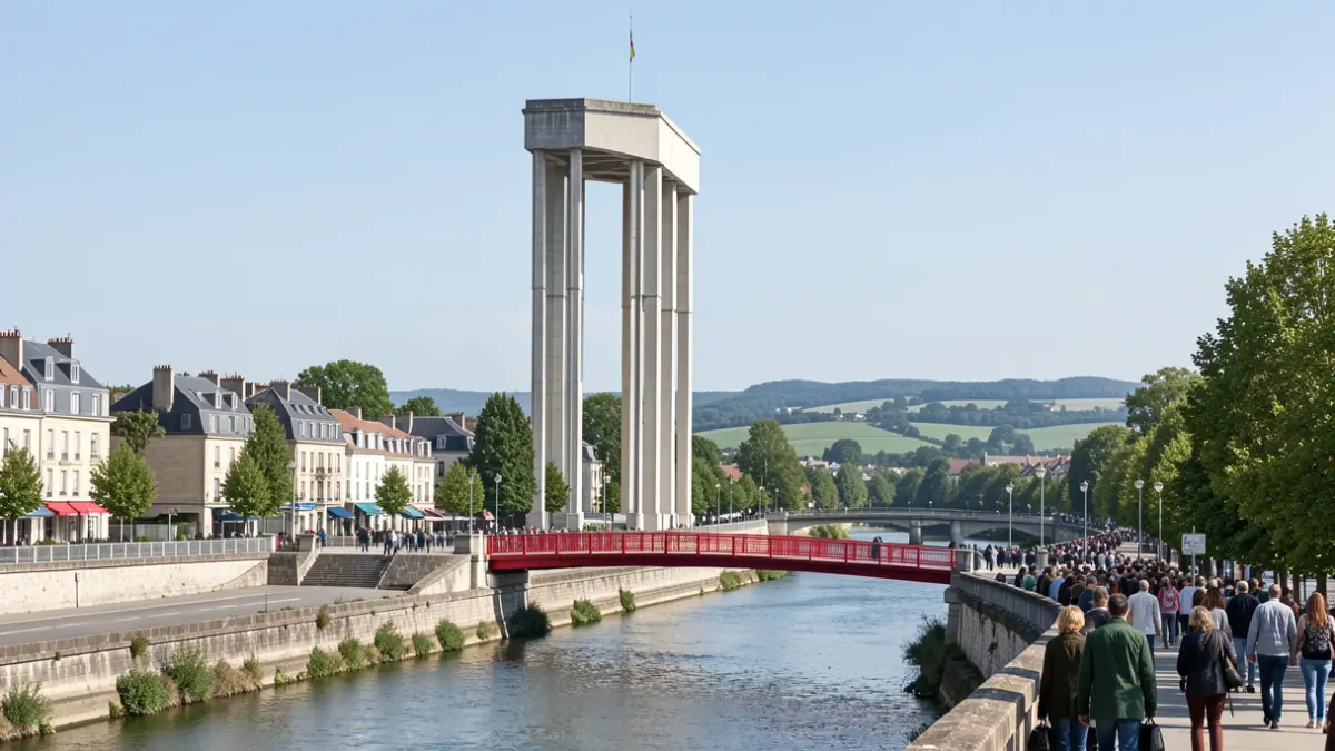 The Axe Majeur in Cergy-Pontoise, featuring its iconic tower, columns, and the red footbridge crossing the Oise river.