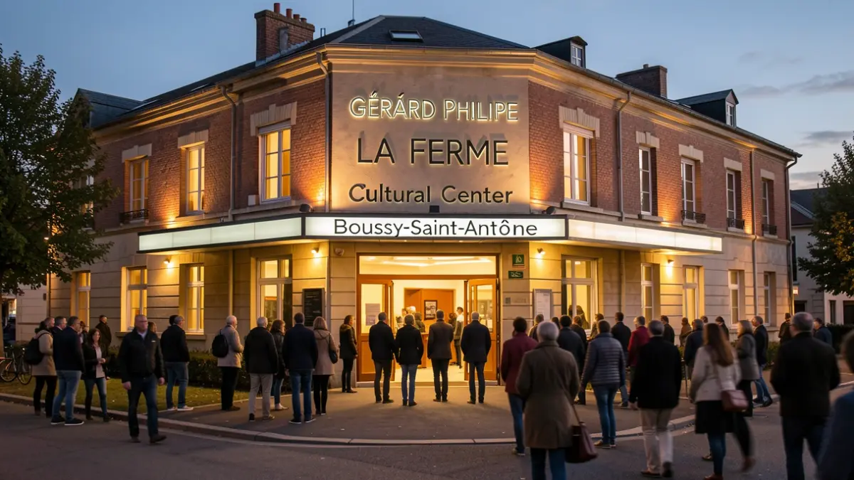 Generic image of the Gérard Philipe - La Ferme venue in Boussy-Saint-Antoine, illuminated in the evening for a cinema screening.