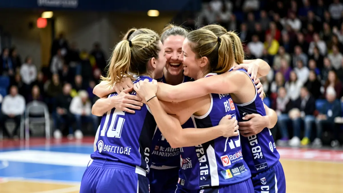 Generic image of a women's basketball team celebrating a victory on the court.