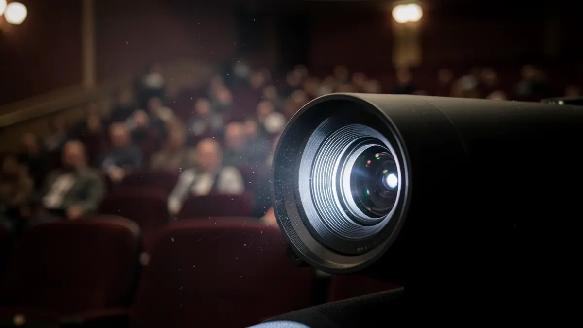 Close-up of a projector lens in a dark cinema auditorium, with a soft beam of light illuminating dust particles in the air. The background shows blurred rows of empty seats. Documentary photography style, Île-de-France architecture.