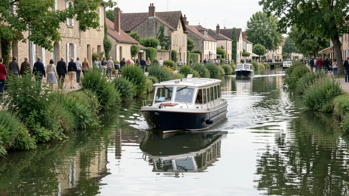 Bateau électrique naviguant sur un canal à Bonneval, surnommée la 'Petite Venise de Beauce'.