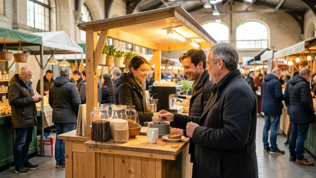 Image générique d'un marché couvert à Saint-Cyr-l'École avec un coin café convivial.