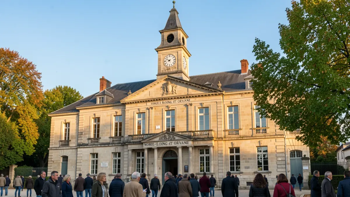 Façade de la mairie de Moret-Loing-et-Orvanne, bâtiment historique en pierre avec une tour d'horloge, sous la lumière chaude d'un après-midi d'automne.