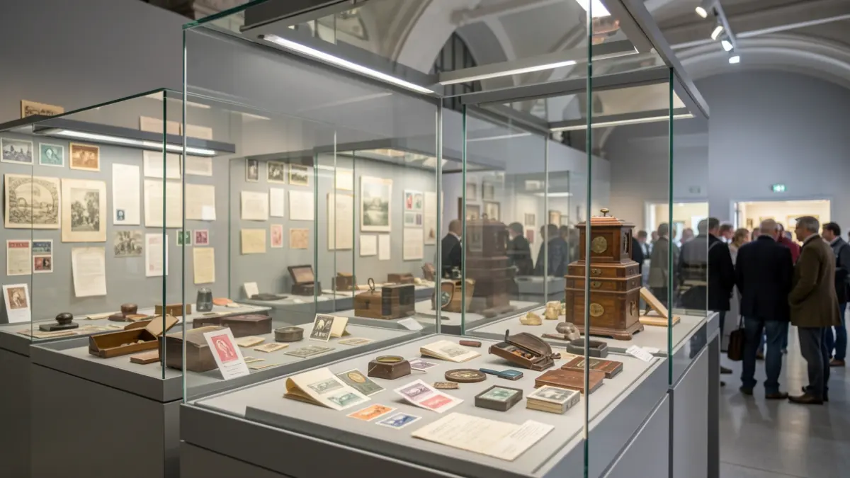 Vue intérieure du Musée de La Poste présentant une sélection d'œuvres et d'objets issus de ses collections.