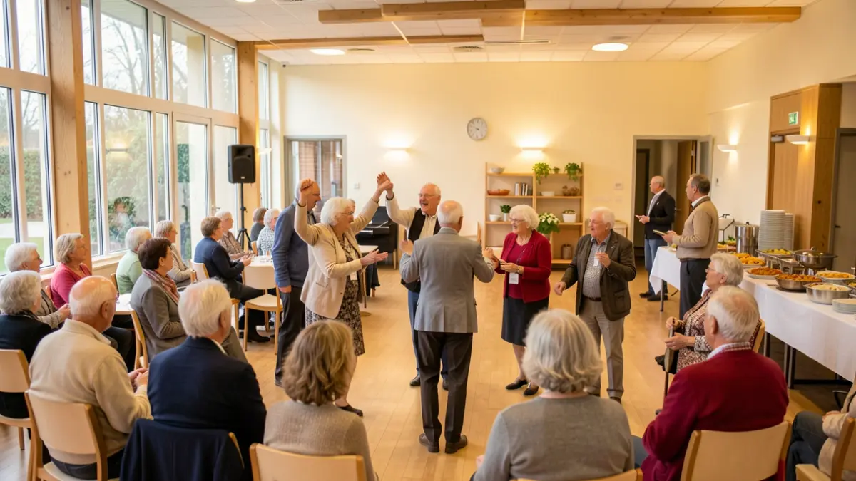 Image générique de seniors profitant d'un spectacle culturel et d'un buffet.