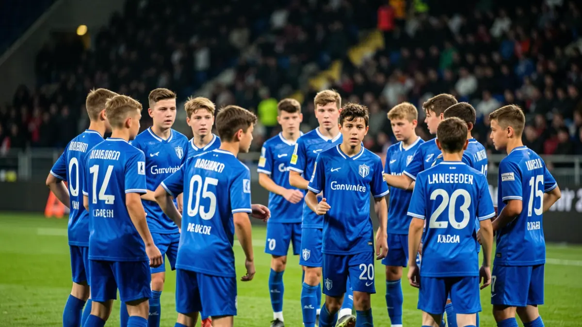 Image générique de jeunes footballeurs français en tenue bleue sur un terrain.