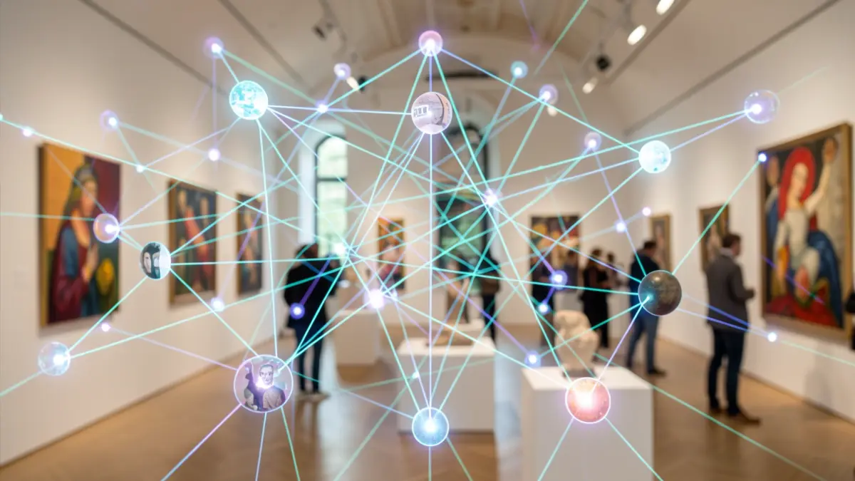 Abstract and colorful representation of a digital cultural network, symbolizing connection and accessibility to art and heritage.