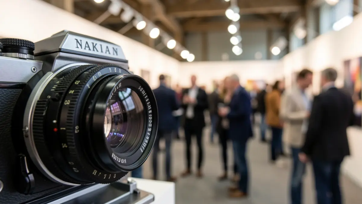 Close-up of a vintage camera lens with a blurred background of a photography exhibition in Île-de-France.