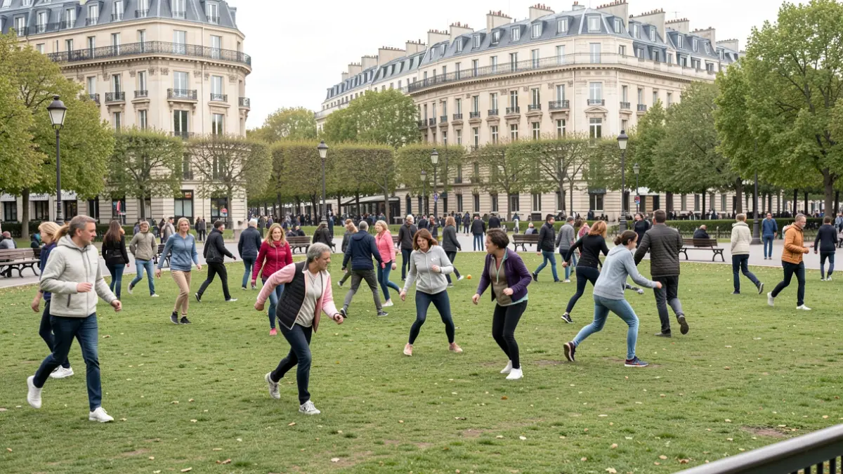 Image générique de personnes pratiquant diverses activités sportives en extérieur dans un parc parisien.