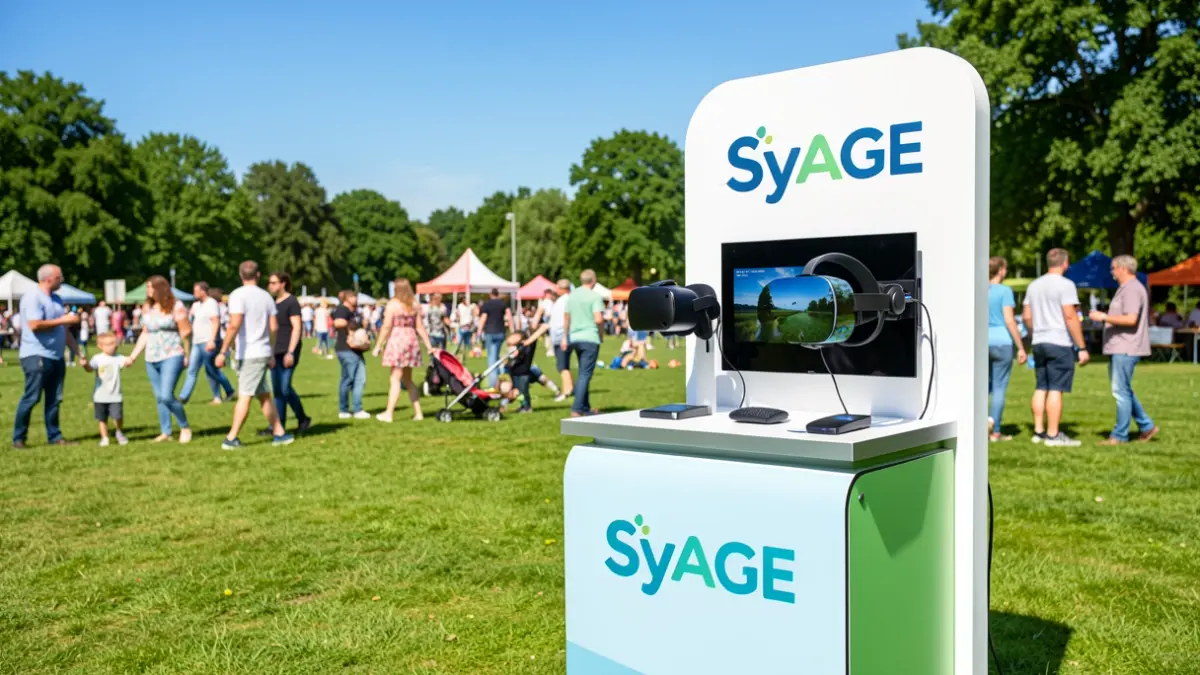 Generic image of a sustainable development event with an interactive stand and family activities.
