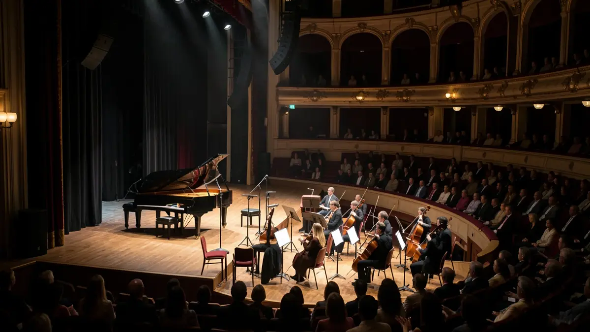 Image générique de la scène d'un théâtre avec un piano et un orchestre.