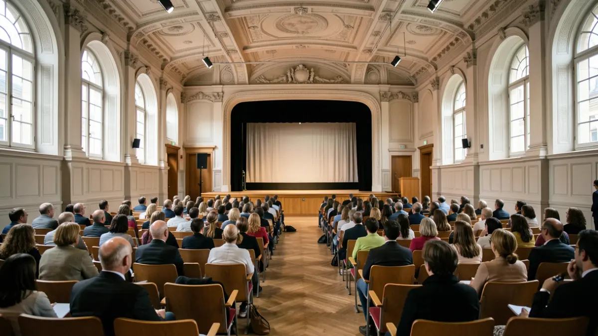 Salle de conférence universitaire vide à Paris.