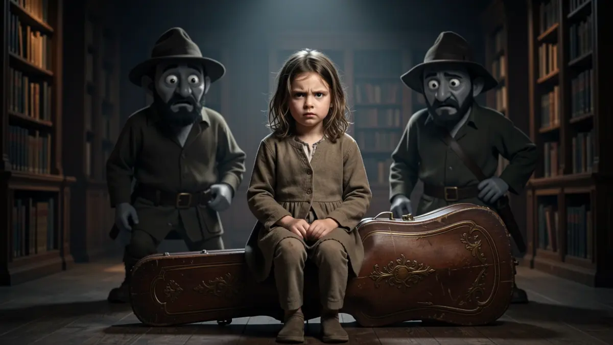 Generic image of the theatrical and musical adaptation of the book 'The Three Brigands' featuring a surprised young orphan and three brigands.