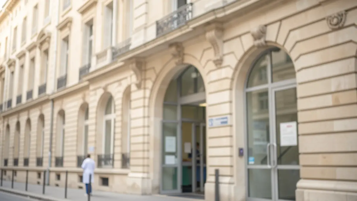 Façade de l'hôpital Pitié-Salpêtrière à Paris, bâtiment historique à l'architecture classique, sous une douce lumière du jour.