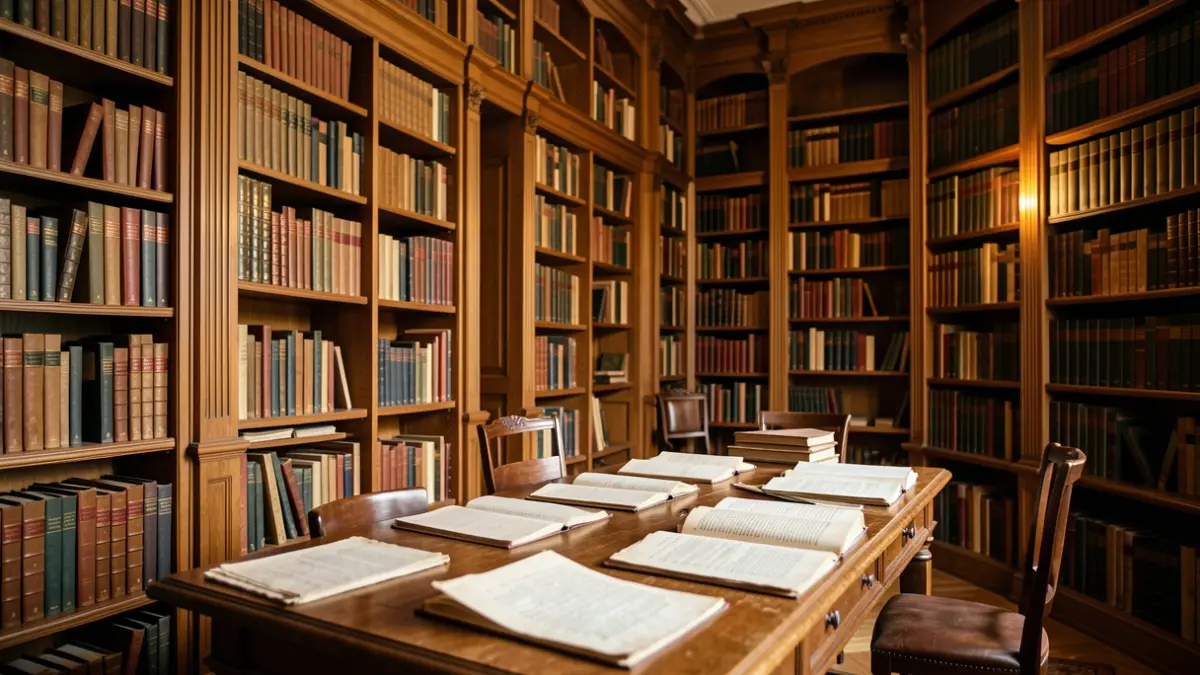 Intérieur d'une grande bibliothèque parisienne avec des étagères remplies de livres anciens et des manuscrits sur une table.