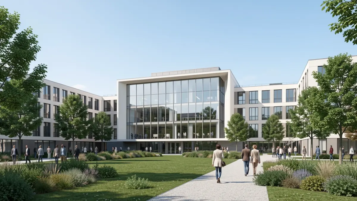 Image générique d'un campus universitaire moderne en Île-de-France.