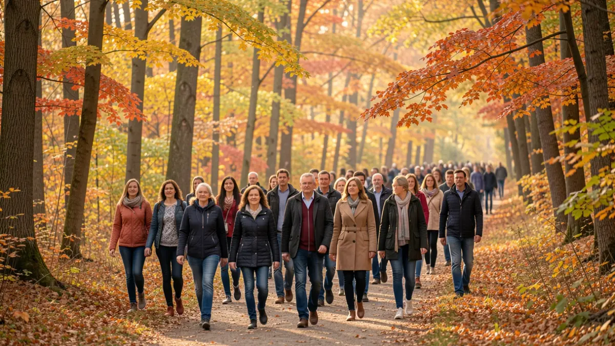 Image générique d'un groupe de personnes marchant dans une forêt en automne, symbolisant la solidarité et l'espoir.