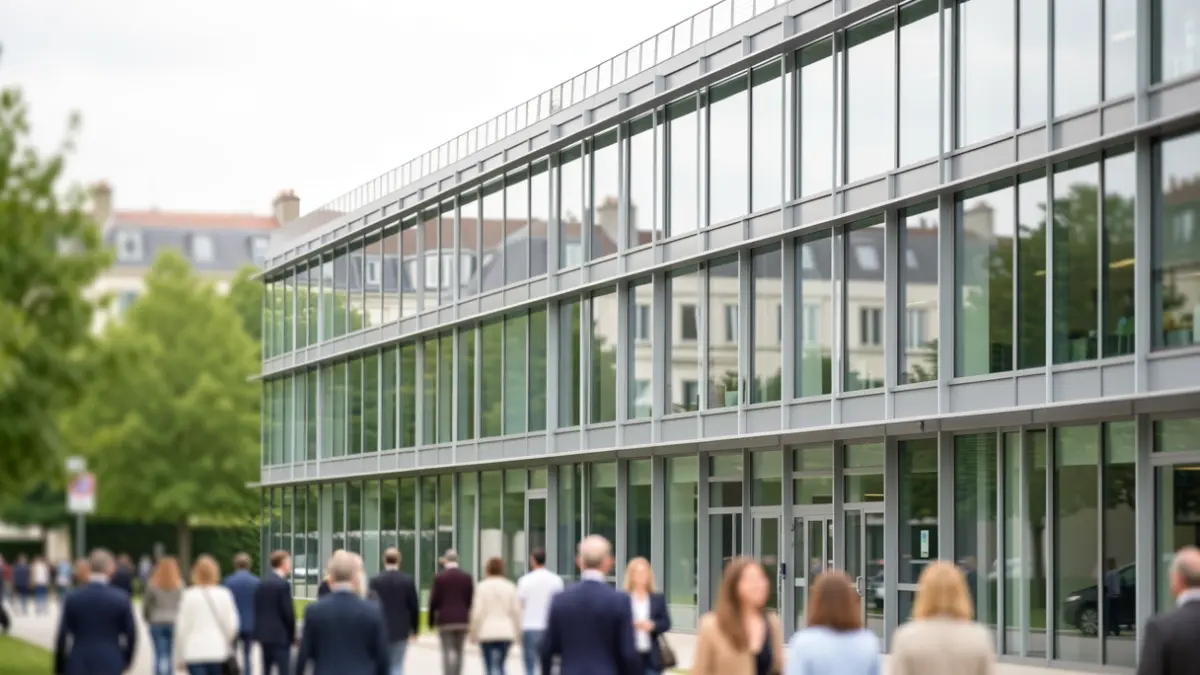 Façade architecturale moderne d'un institut de recherche en Île-de-France, avec des éléments de verre et d'acier, et un arrière-plan flou de verdure urbaine.