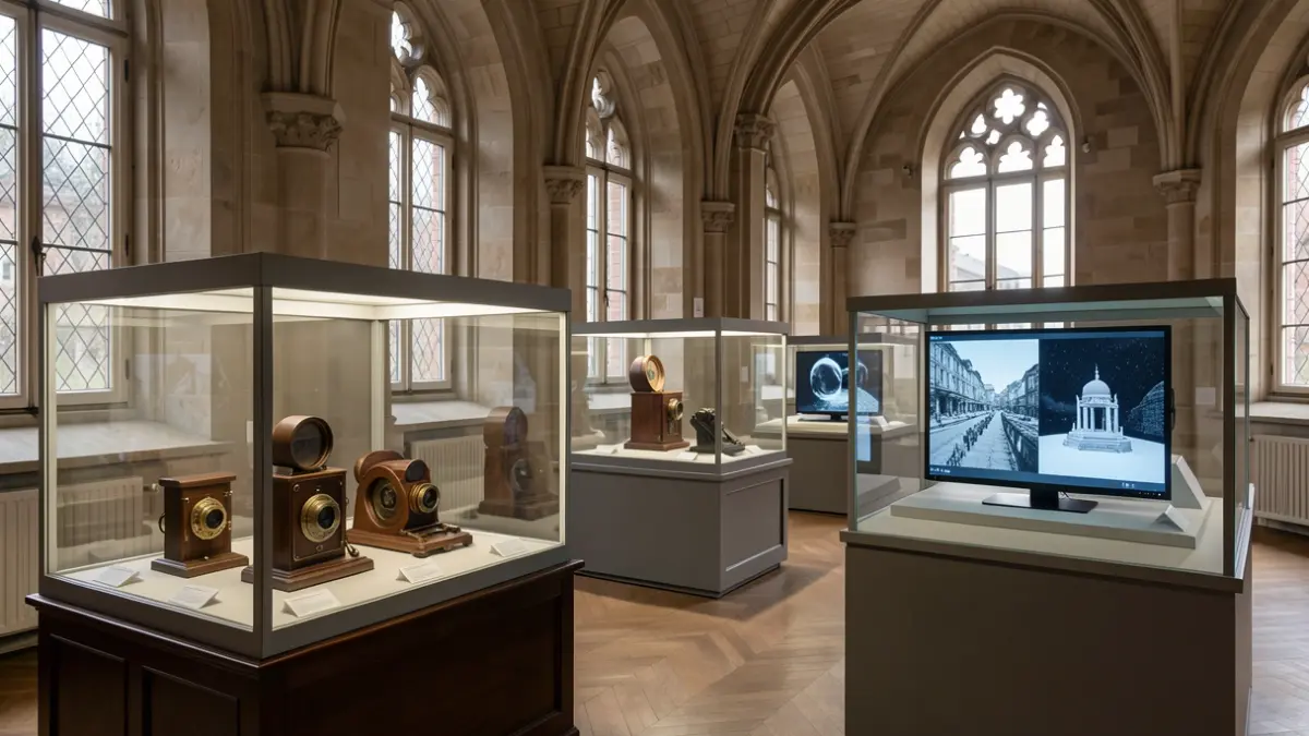 Generic image of an exhibition on the history of 3D photography, showing antique stereoscopes and modern digital screens.