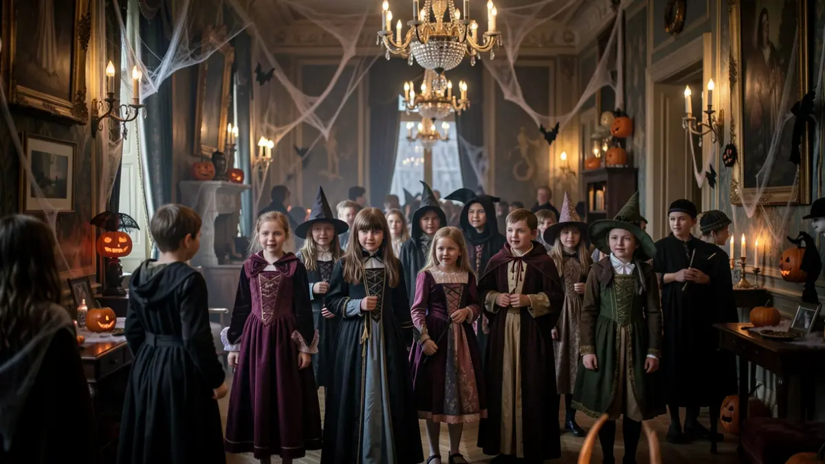 Generic image of a Halloween party for children and teenagers in a mysterious setting.