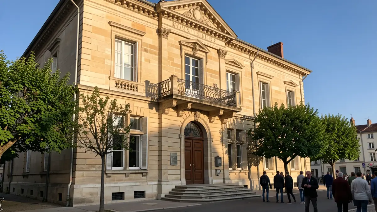 Façade en pierre de la mairie de Montlhéry avec balcon et rambardes en fer forgé, soleil d'après-midi.