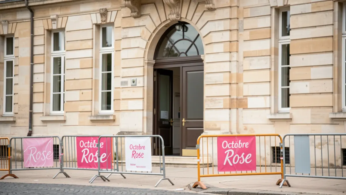 Façade en pierre de l'entrée du Parc de la Souche à Montlhéry, avec barrières temporaires et signalisation pour l'événement 'Octobre Rose'.