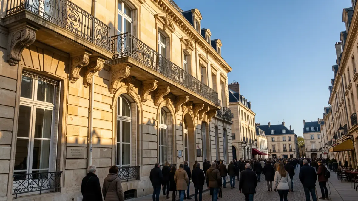 Façade de l'hôtel de ville de Montlhéry avec balcon orné et ciel bleu.