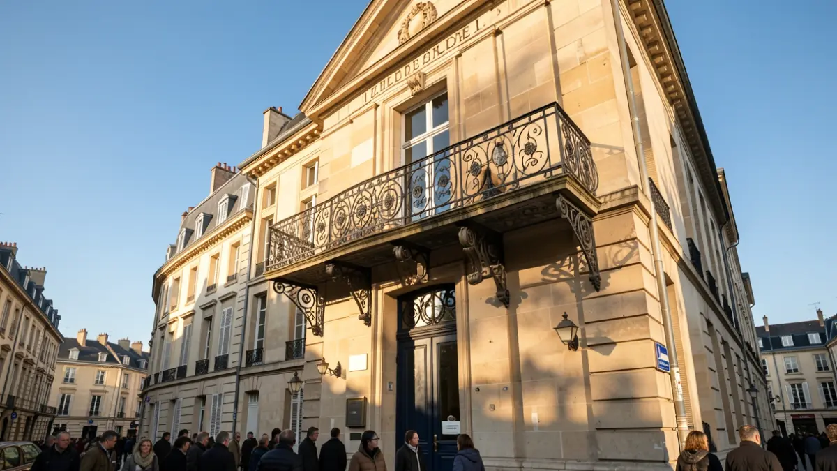 Stone facade of an Île-de-France town hall with an ornate iron balcony, warm afternoon sunlight.