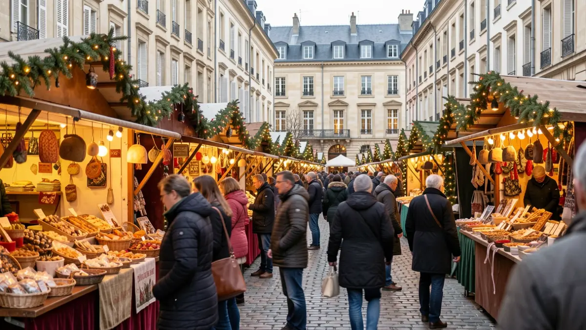 Image générique de marché de Noël à Montry avec des artisans et des lumières festives.