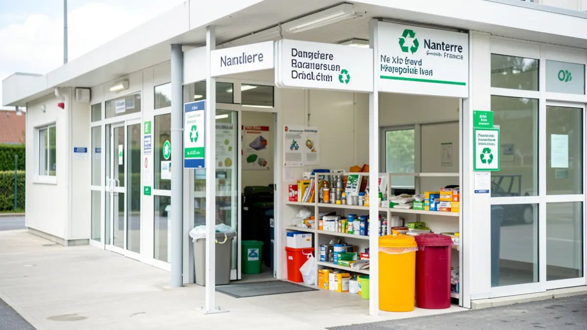 Recycling center in Nanterre with optimized signage for hazardous waste.