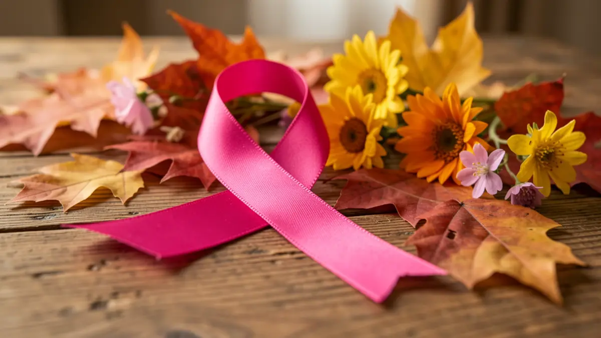 Pink ribbon of Octobre Rose intertwined with autumn leaves and flowers on a wooden table.