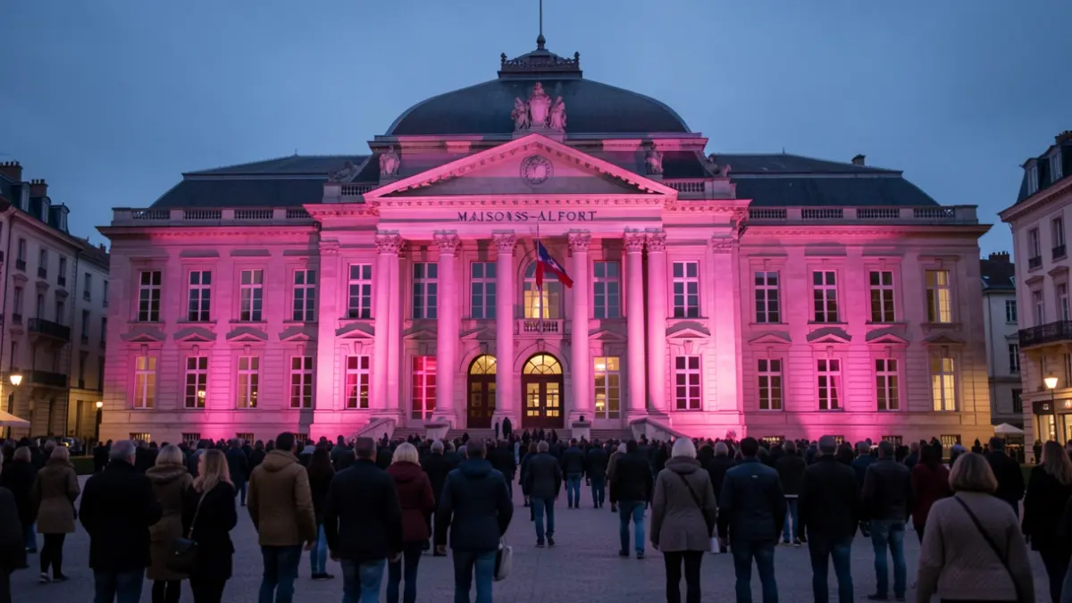 Façade de l'Hôtel de Ville de Maisons-Alfort éclairée en rose pour Octobre Rose.