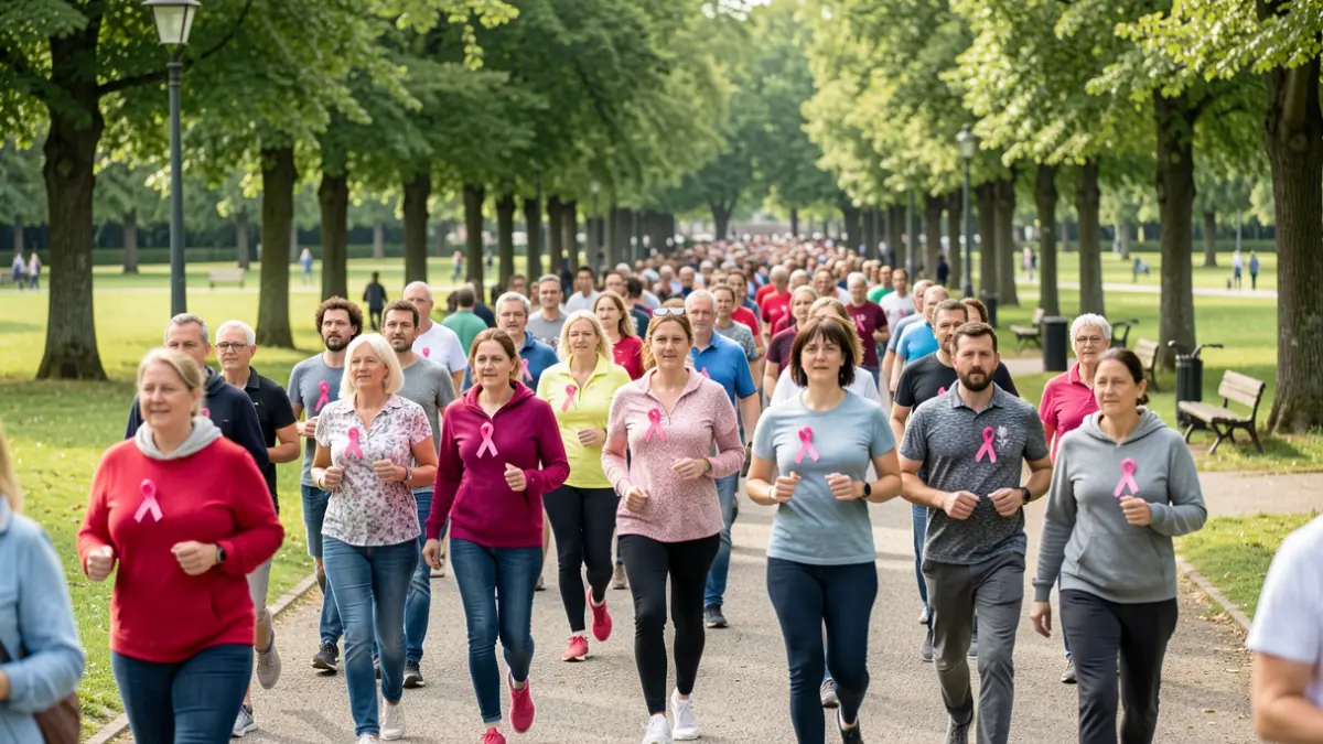 Image générique de participants à une marche solidaire pour la sensibilisation au cancer du sein.