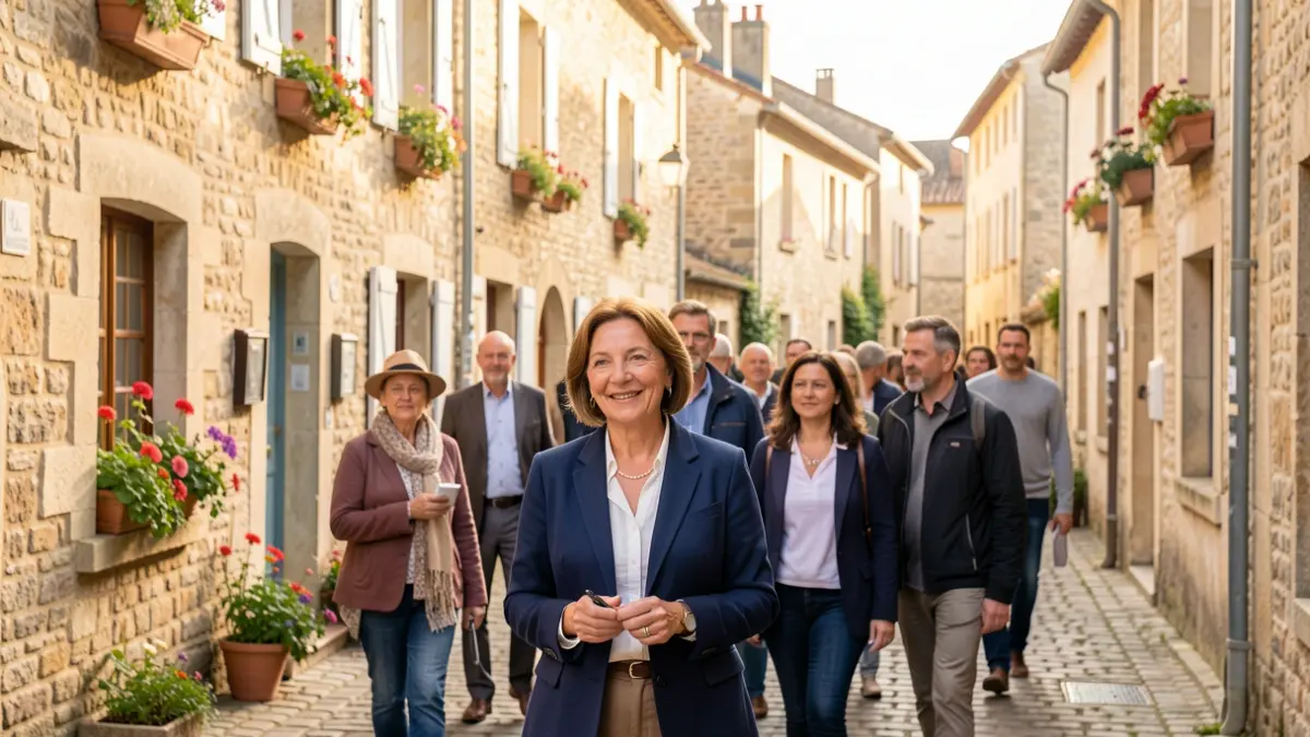 Une conteuse guide un groupe à travers les rues de Garancières.