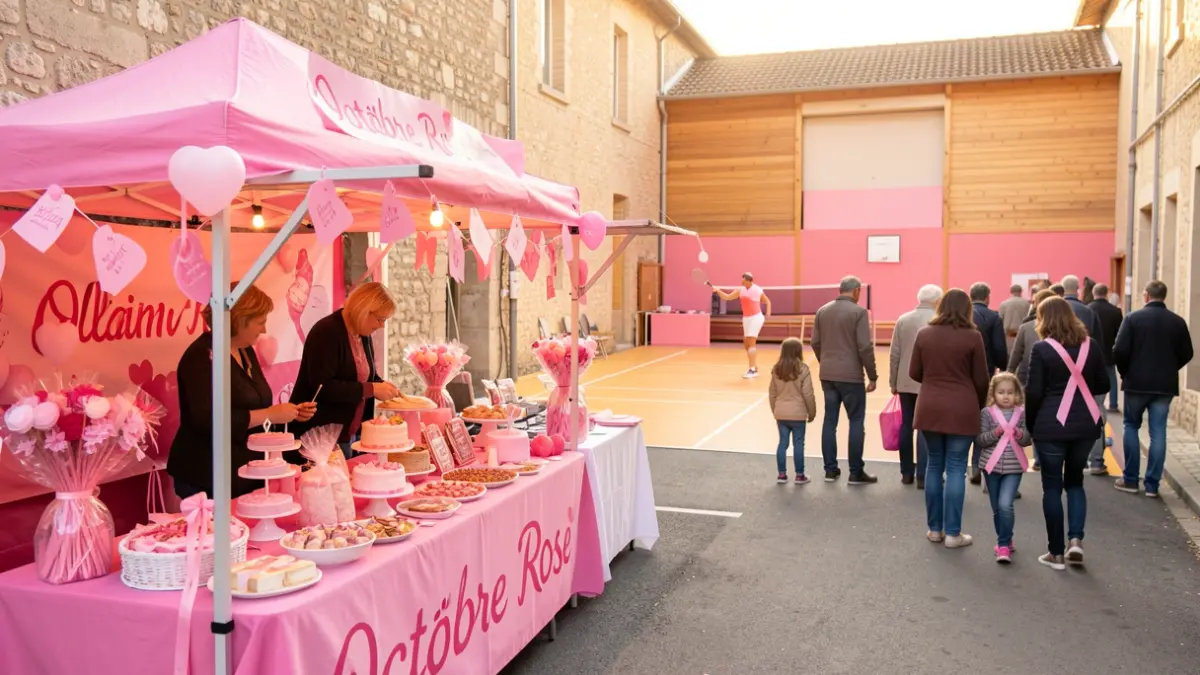 Generic image of a solidarity day for 'Octobre Rose' in Ollainville, featuring festive stalls, sports activities, and mobilized participants.
