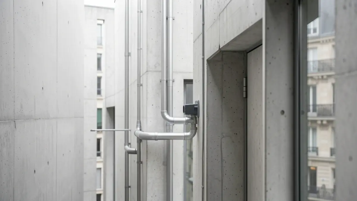 Architectural detail of a Parisian building integrating geothermal pipes into its walls.