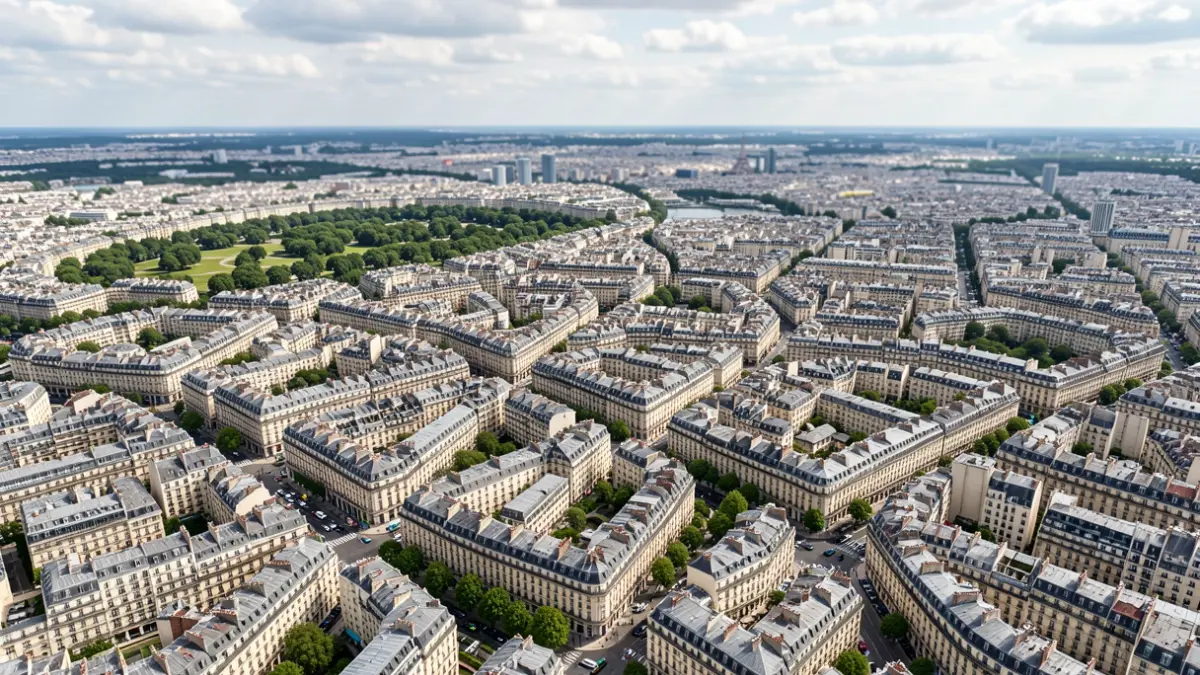 Vue aérienne d'une zone urbaine dense en Île-de-France, montrant un réseau de rues et de bâtiments.