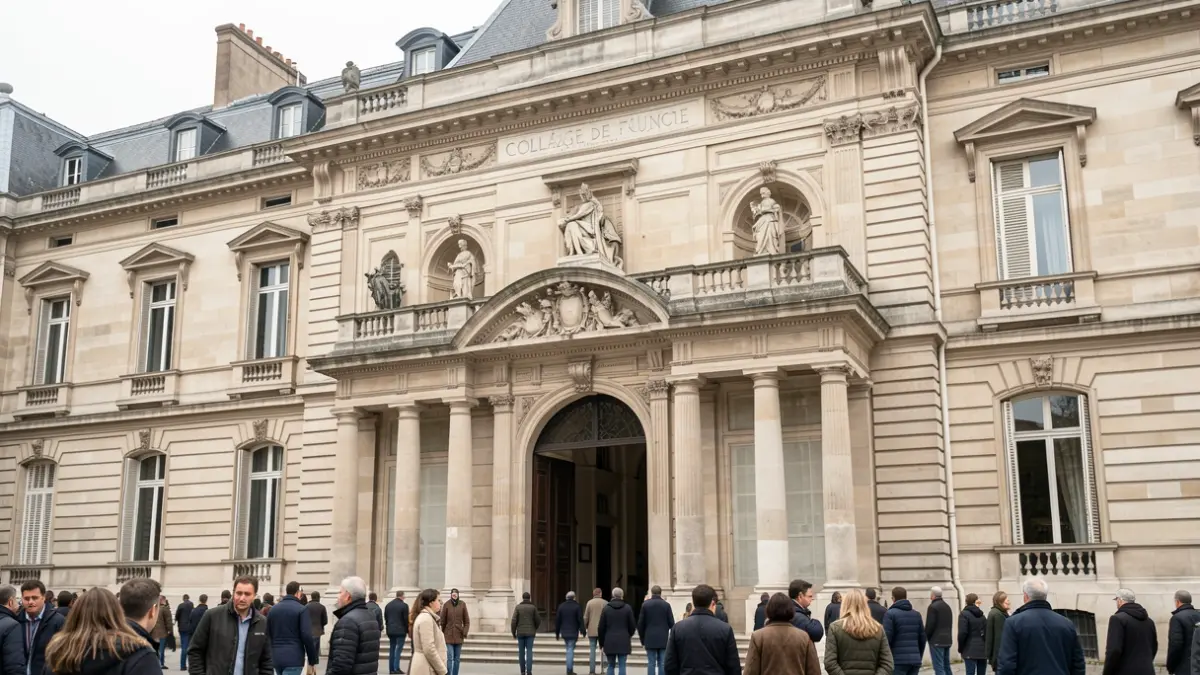 Facade of the Collège de France in Paris, classical architecture, soft light.