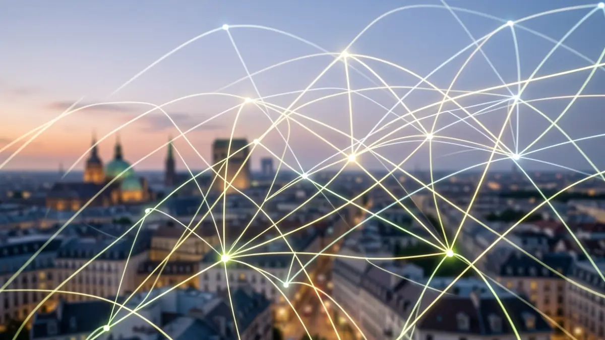 Image générique de réseaux énergétiques urbains interconnectés avec des lignes lumineuses au crépuscule.