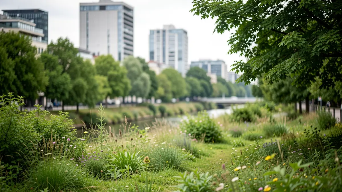 Paysage urbain renaturé et verdoyant en Île-de-France, avec des éléments de nature intégrés à la ville.
