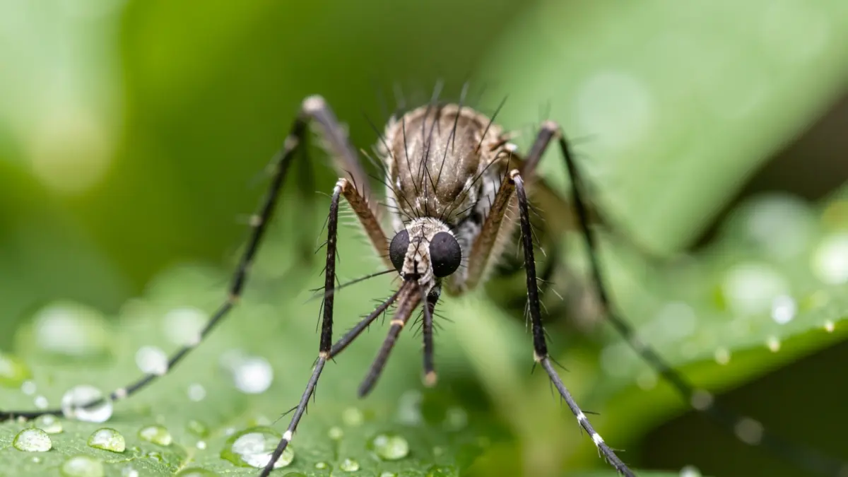 Gros plan sur la tête d'un moustique avec des antennes et une trompe détaillées, sur un fond flou de feuilles vertes et de gouttes d'eau, symbolisant un problème de santé publique en Île-de-France.