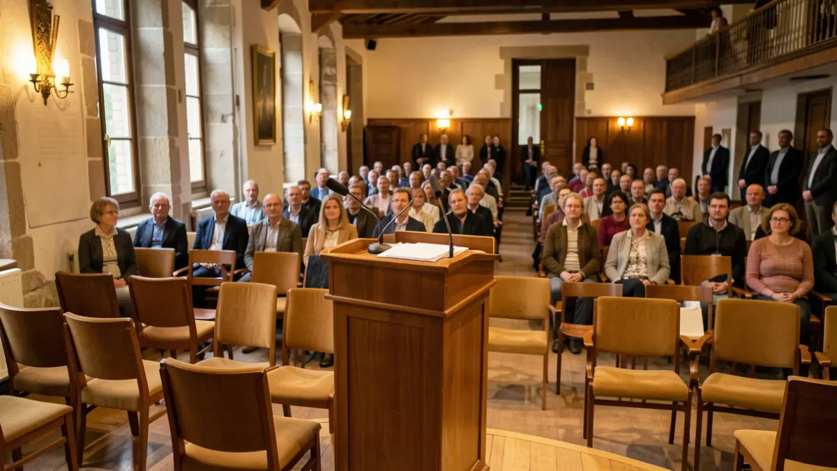Image générique d'une salle de réunion publique avec un podium.